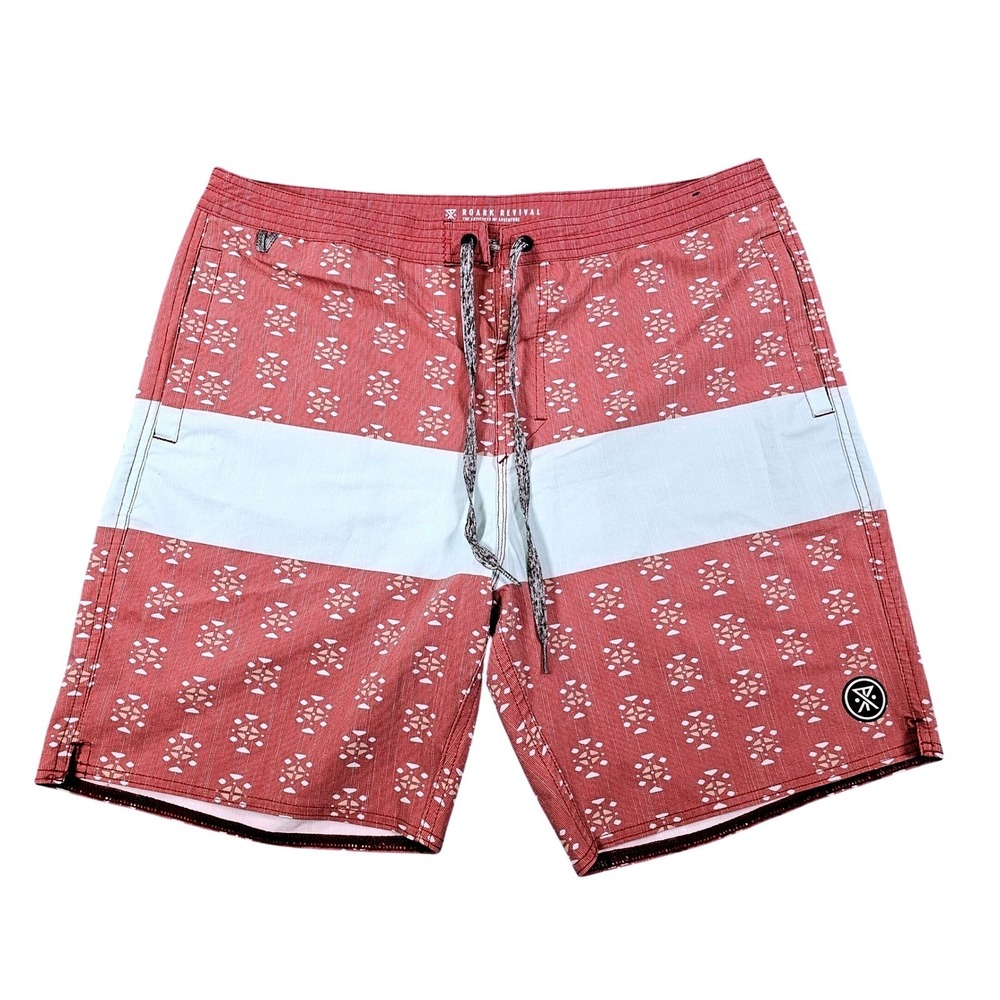 Roark Revival Mens Board Shorts Burgundy Mint Geometric‎ Tribal Print Size 34
